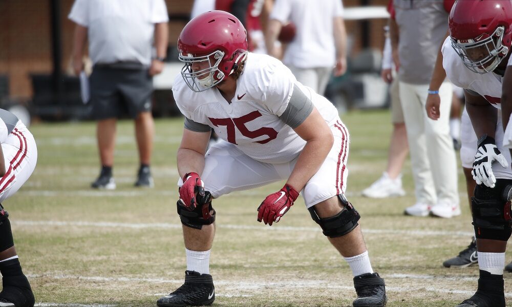 Tommy Brown (#75) in his stance in spring practice for Alabama in spring of 2021