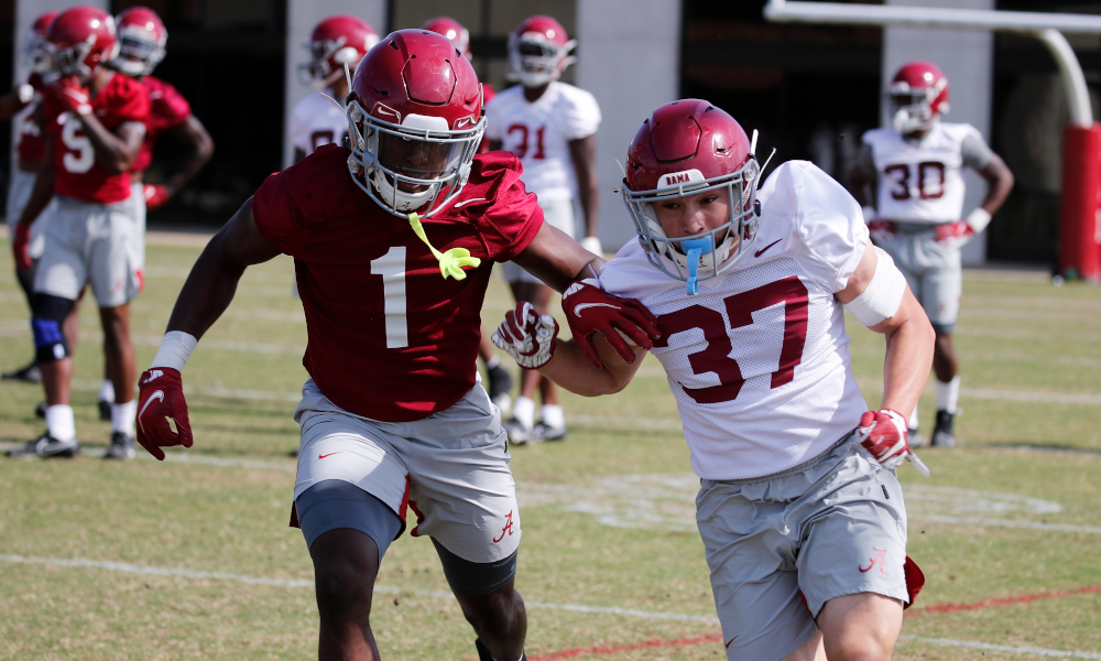 Ga'Quincy McKinstry (No. 1) at spring practice for Alabama