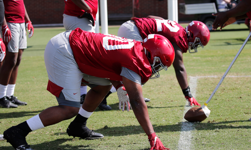Tim Smith (No. 50) in defensive line drills for Alabama during spring practice