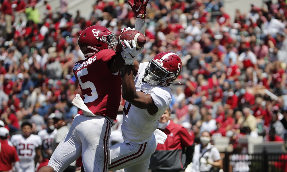 Jalyn Armour-Davis (No. 5) records pass breakup against Javon Baker (No. 5) in Alabama's 2021 spring game