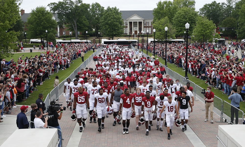 Alabama football playing walking into Bryant-Denny Stadium for A-Day