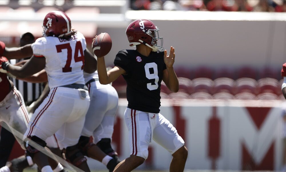 Bryce Young throws a pass during the A-Day game