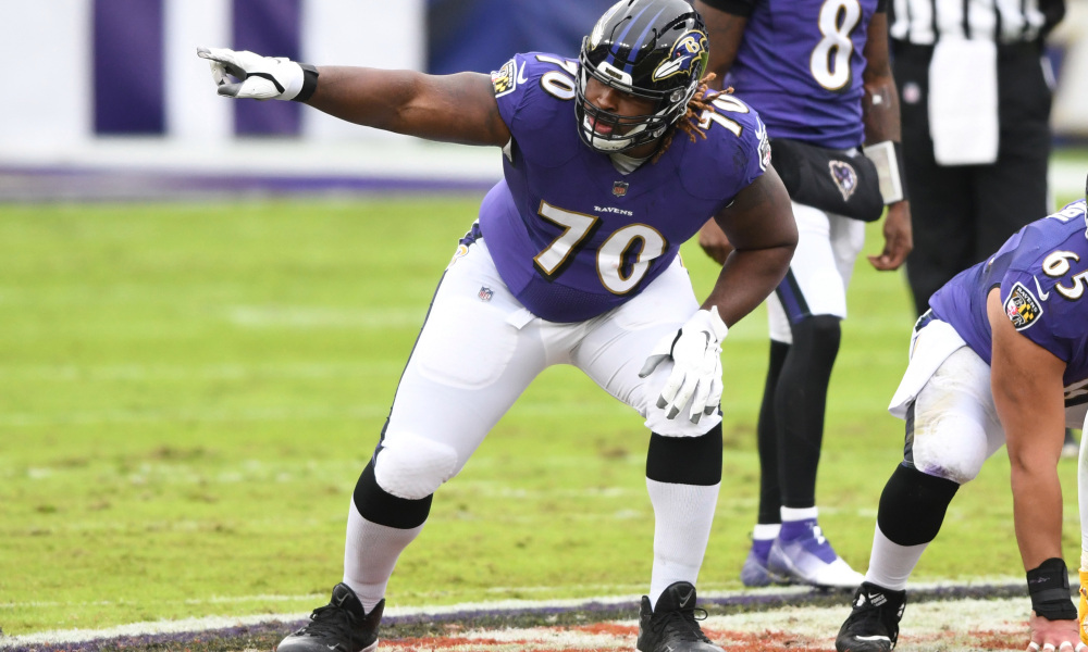 D.J. Fluker playing for the Baltimore Ravens in 2020