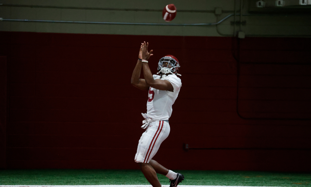 Javon Baker with a catch in spring practice for Alabama