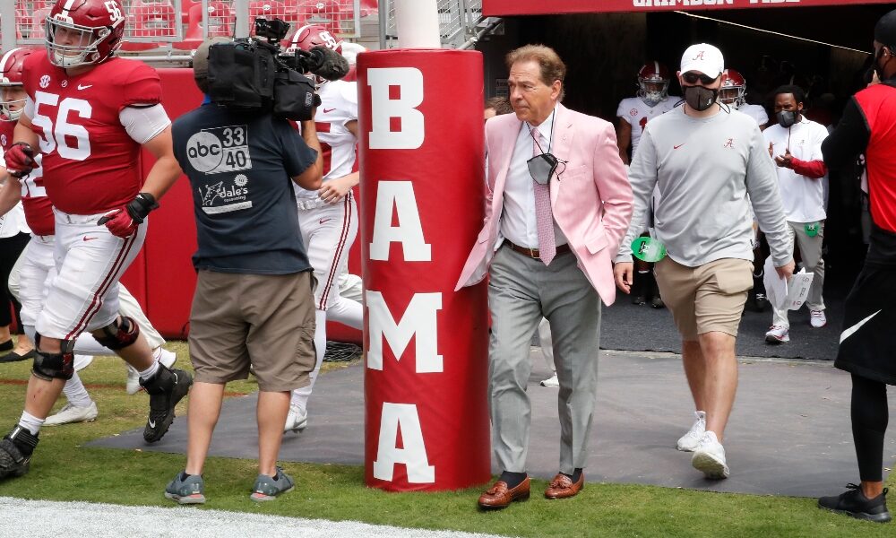 Nick Saban walks out of the tunnel on A-Day