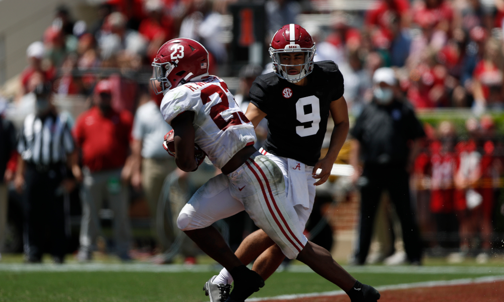 Bryce Young hands the ball off to Roydell Williams on A-Day