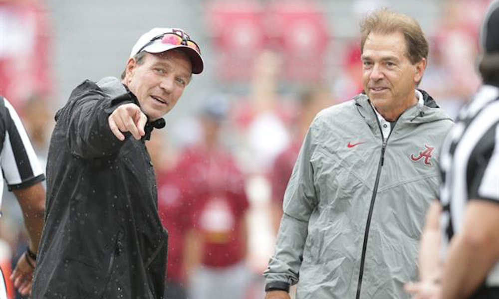 Nick Saban and Jimbo Fisher talking before Alabama-TAMU game in 2018