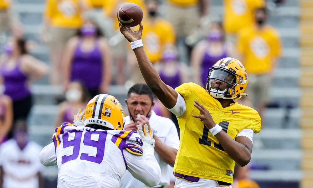 TJ Finley (No. 11) throwing a pass at LSU's spring game for 2021