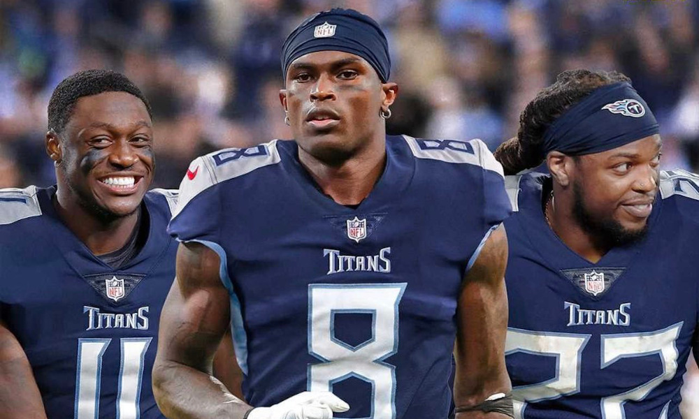 Photoshop picture of Julio Jones, A.J. Brown, and Derrick Henry with the Titans