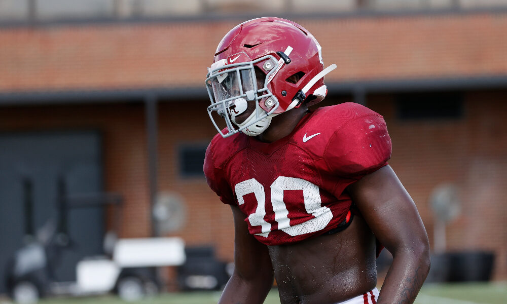 King Mwikuta warms up at Alabama practice