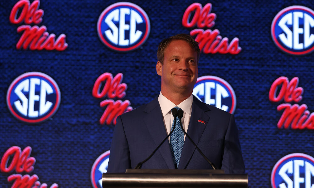 Lane Kiffin answers questions at the 2021 SEC Media Days