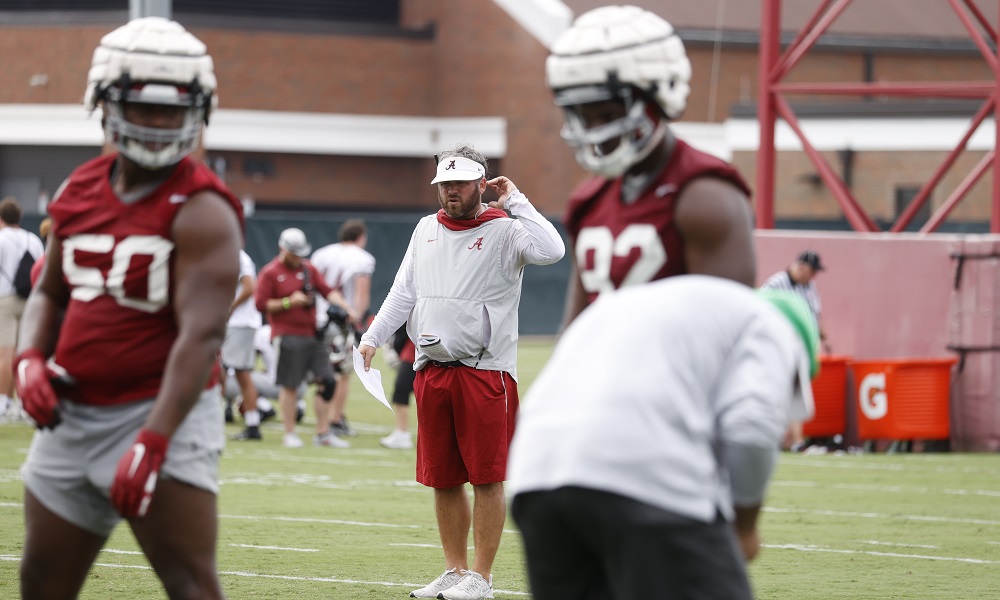 Pete Golding coaching inside linebackers at fall camp for Alabama