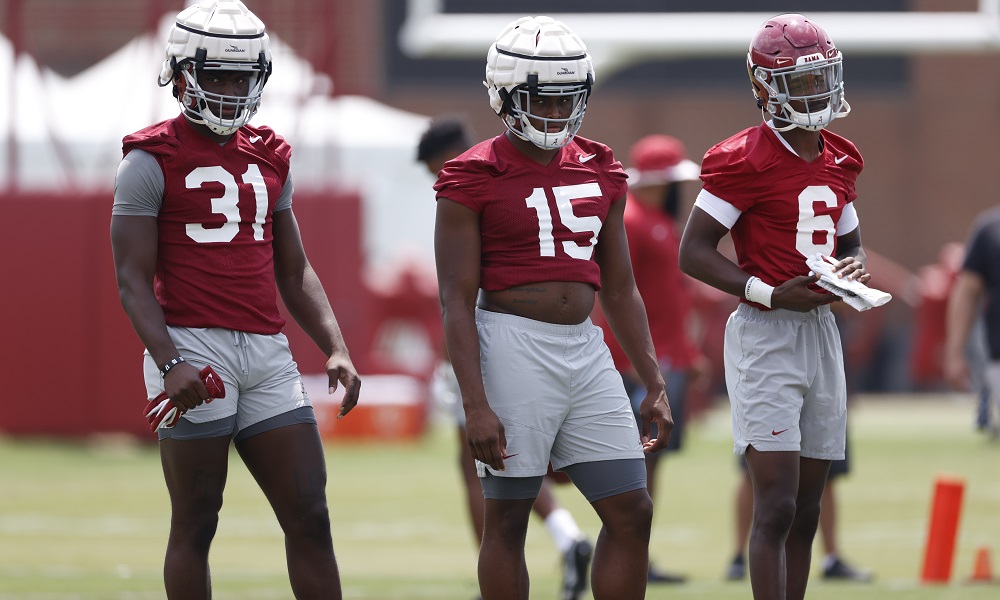 Dallas Turner (No. 15) with Will Anderson and Khyree Jackson in fall camp for Alabama