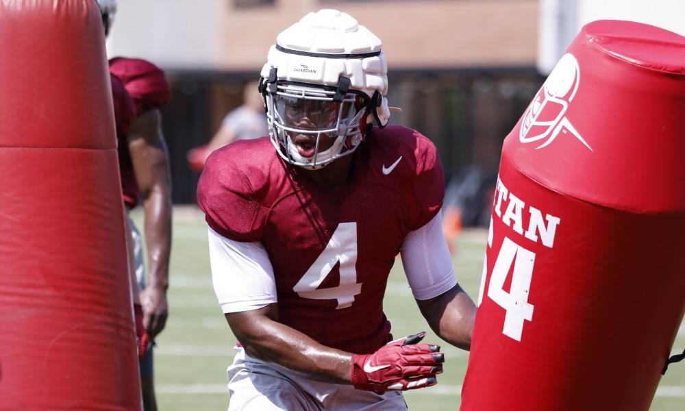 Christopher Allen performing pass rush drills at Alabama fall camp