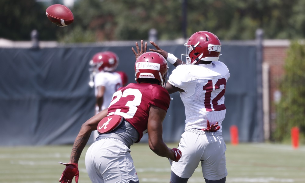 8/9/21 MFB Practice #3 Alabama wide receiver Christian Leary (12) Alabama defensive back Jahquez Robinson (21) Photo by Rodger Champion