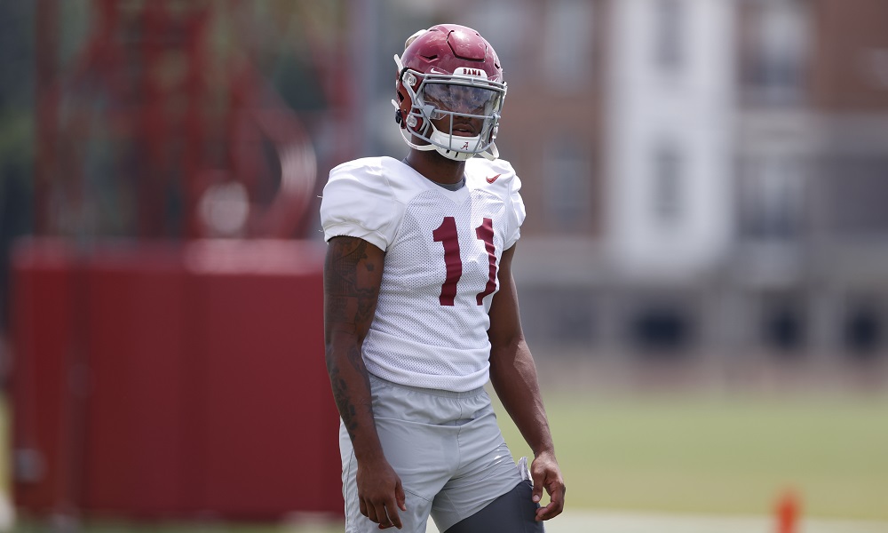 Alabama WR Traeshon Holden (#11) at fall practice for Alabama