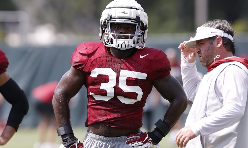 Shane Lee (#35) going through inside linebacker drills for Alabama in fall practice