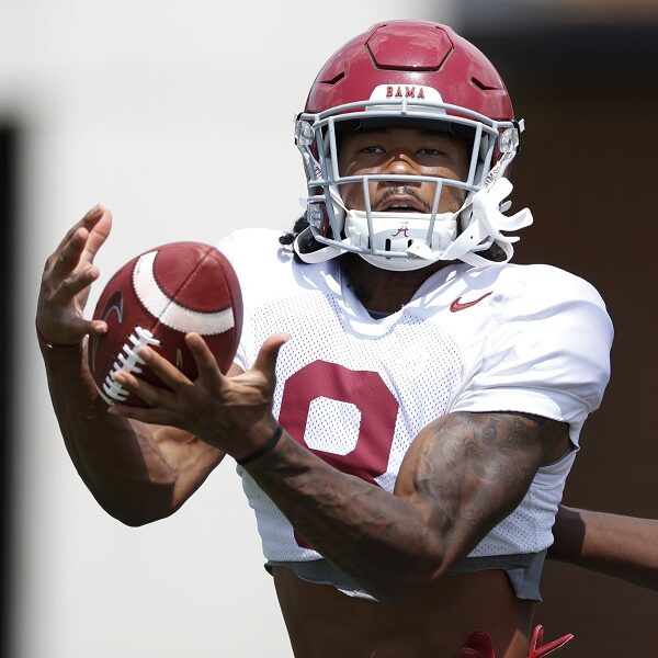 John Metchie with a catch at Alabama fall practice