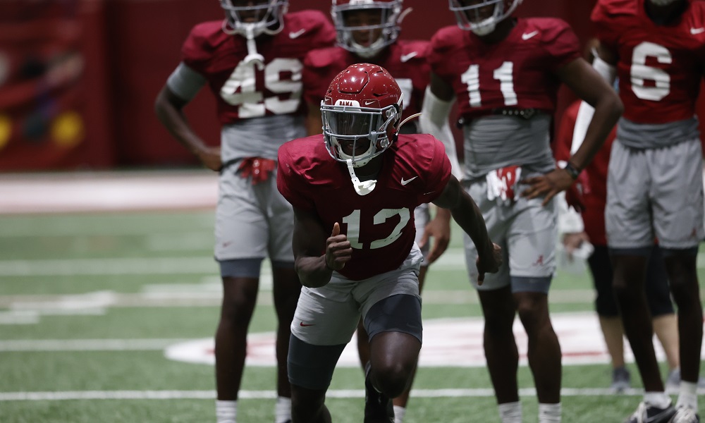 Alabama DB Terrion Arnold (#12) going through drills in fall camp for 2021