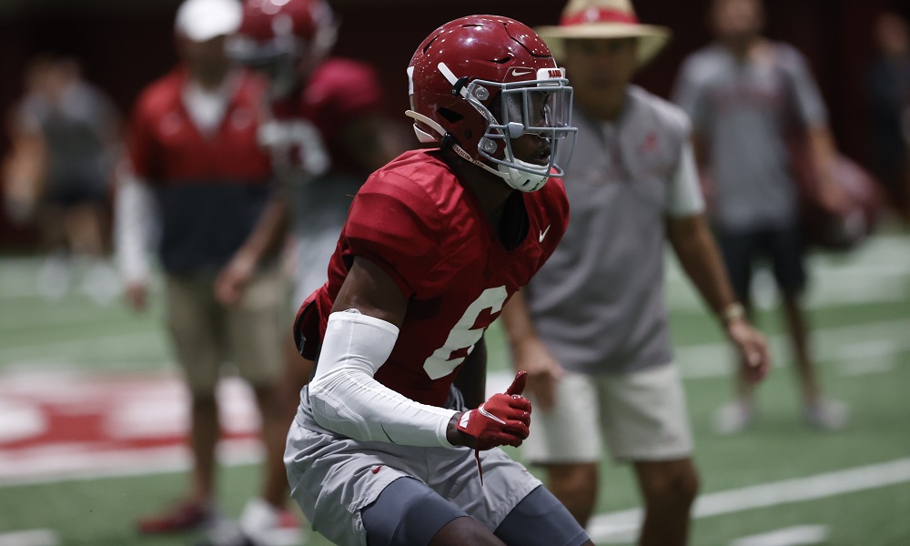 Khyree Jackson (#6) going through DB drills for Alabama in fall practice