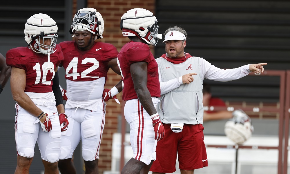 Alabama DC Pete Golding coaching the defense during practice