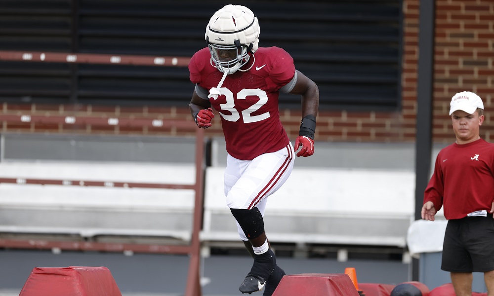 Deontae Lawson (#32) in fall practice for Alabama in 2021