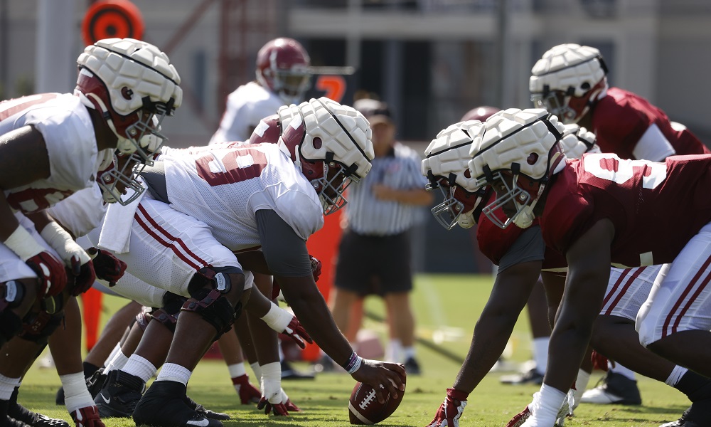 Alabama offensive line about to snap the ball in fall camp