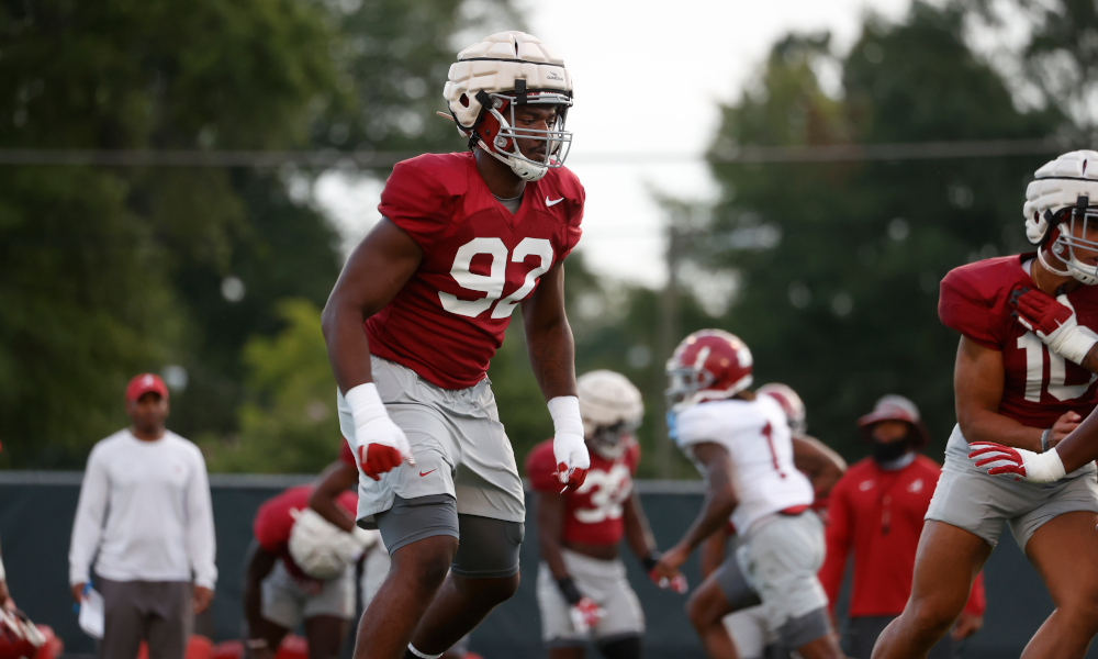 Justin Eboigbe (No. 92) running with defensive line in Alabama fall practice