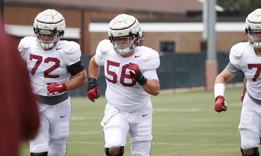 Alabama OL James Brockermeyer (#58) running during 2021 practice for the Crimson Tide.