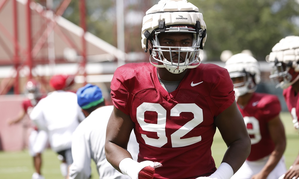 Alabama DL Justin Eboigbe (#92) during practice in 2021 Fall Camp