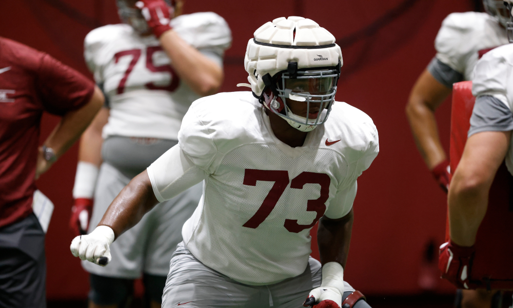 Evan Neal working through drills for Alabama in fall camp