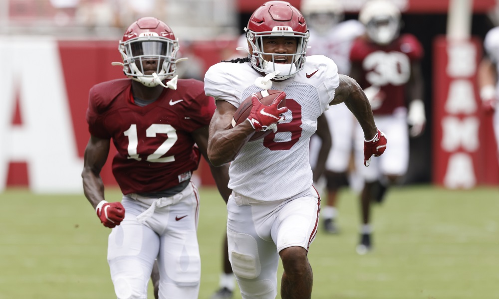 John Metchie takes a pass for a touchdown in Alabama's 2nd scrimmage