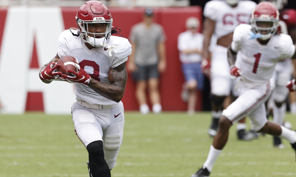 John Metchie with a catch and run during Alabama's second scrimmage