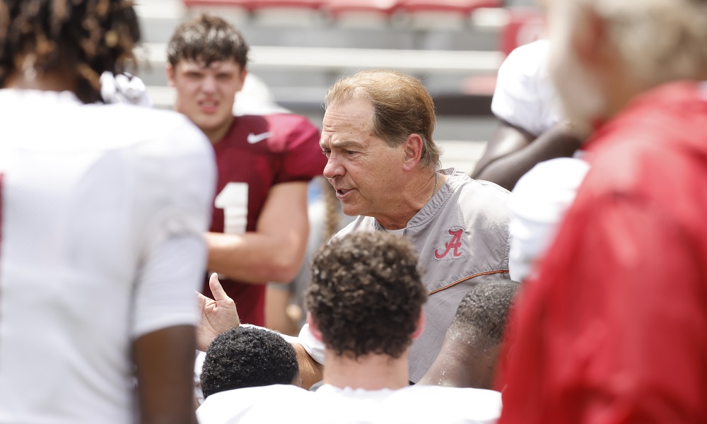 Nick Saban coaching Alabama players during preseason camp