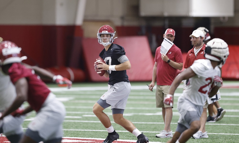 Paul Tyson drops back for a pass during Alabama practice