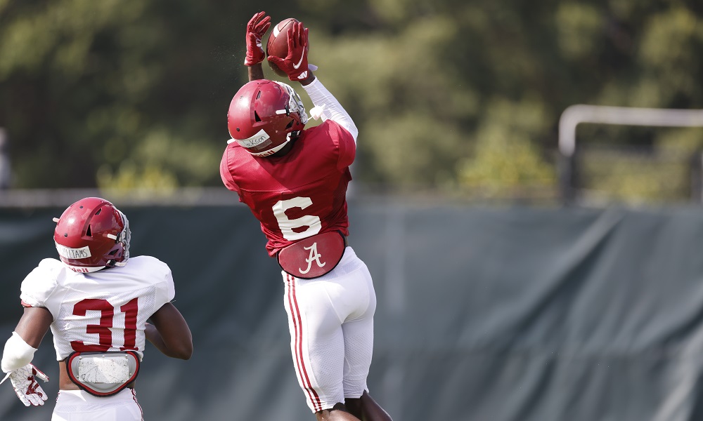 Khyree Jackson records an interception at practice for Alabama