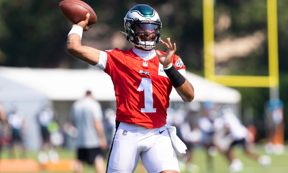 Jalen Hurts attempts to throw a pass at Eagles training camp