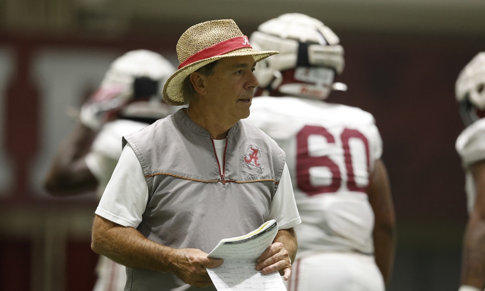 Nick Saban coaching Alabama team in game week practice for Miami