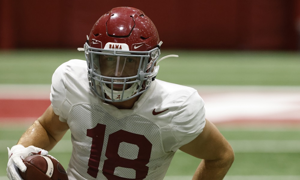 Slade Bolden runs with the ball during game week practice for Alabama versus Miami