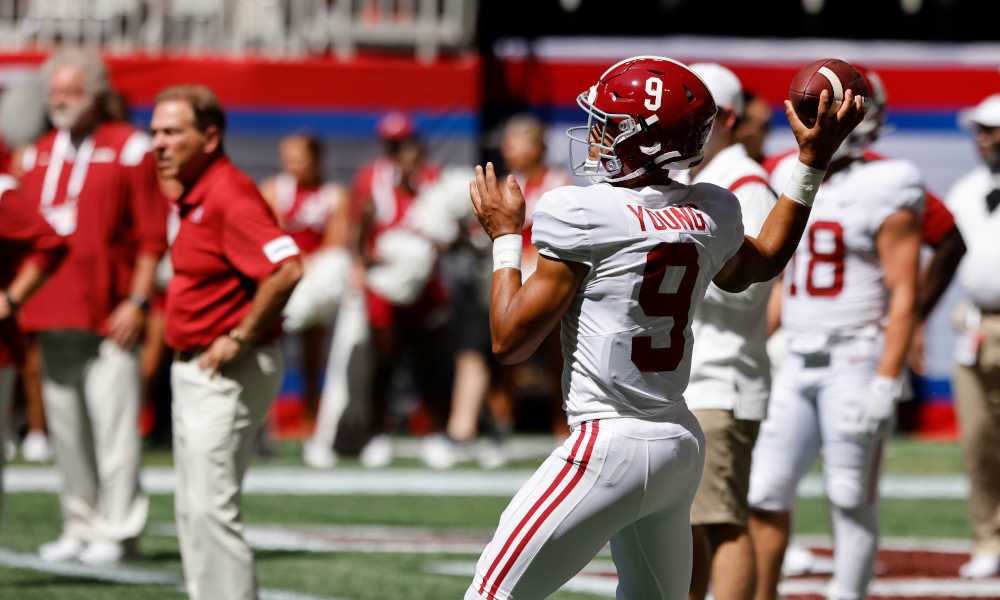 Bryce Young in warmups for Alabama before game versus Miami