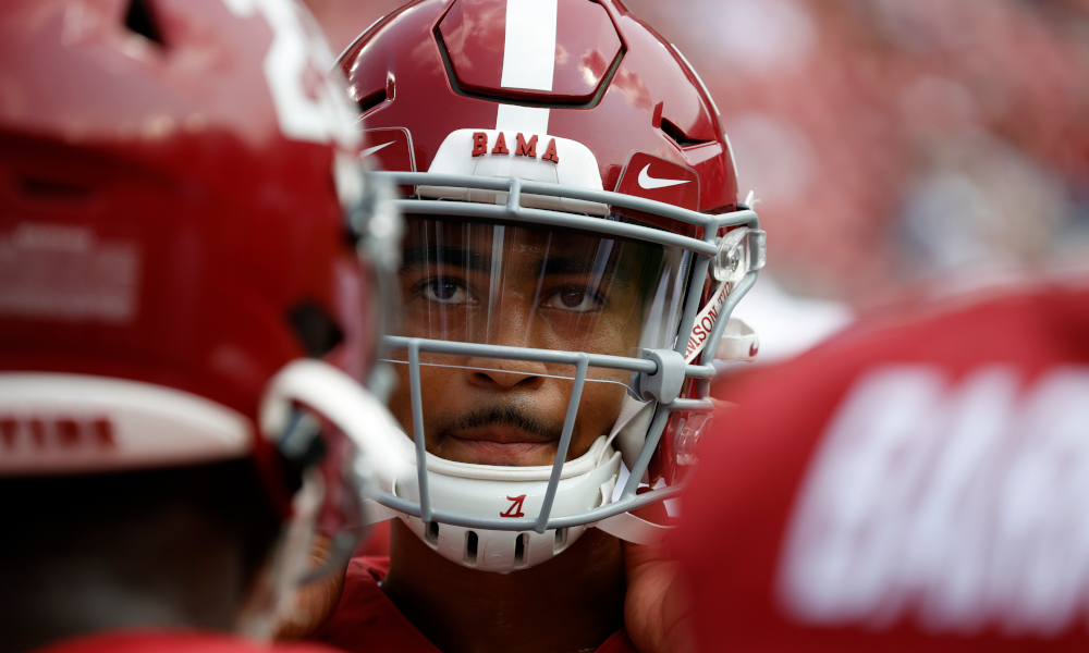 Bryce Young looks on while in Alabama's huddle versus Mercer