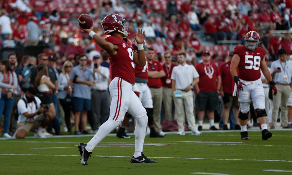 Bryce Young (#9) in pregame warmups before Alabama versus Southern Mississippi