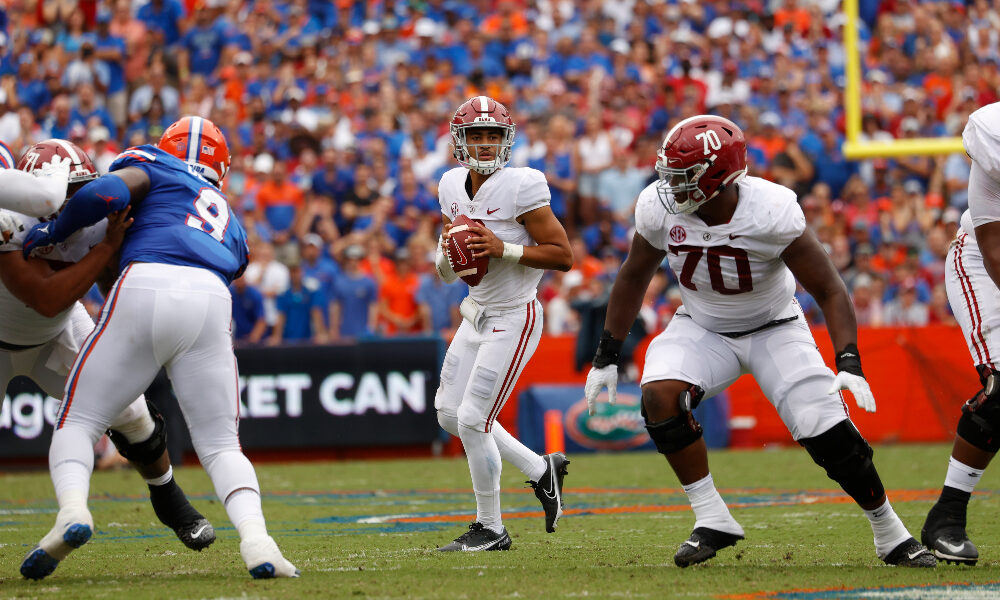 Bryce Young drops back to pass against Florida