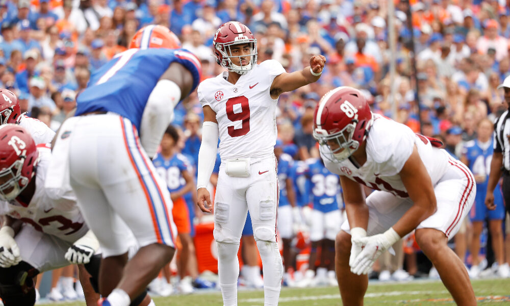 Bryce Young signals an audible to the offense against Florida