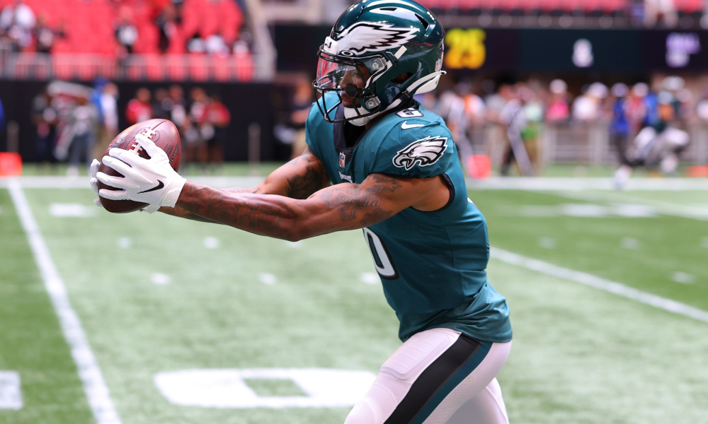 DeVonta Smith catching a pass in warmups for Eagles prior to game against Falcons