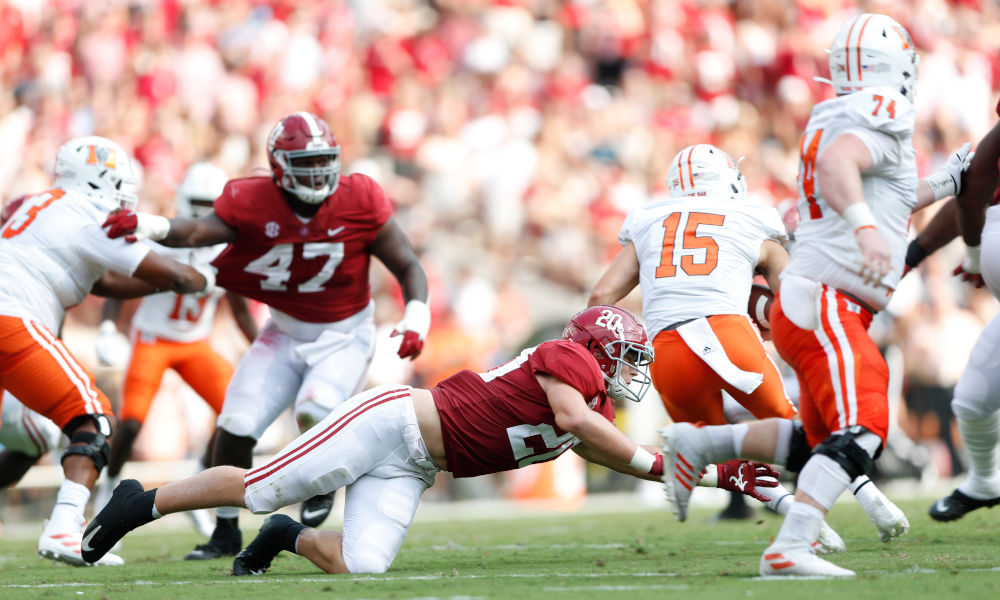 Drew Sanders with a tackle for Alabama in its game versus Mercer