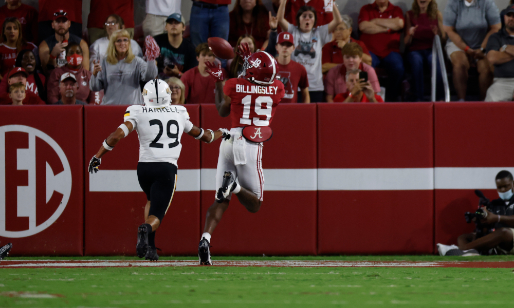 Jahleel Billingsley (#19) catches TD pass for Alabama versus Southern Miss.