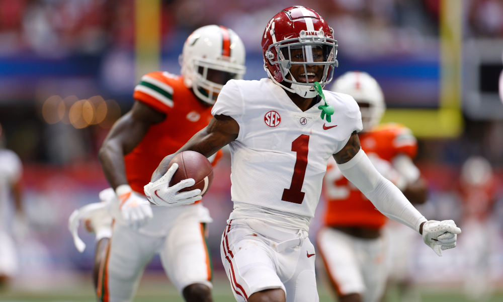 Jameson Williams (No. 1) celebrates 94-yard TD for Alabama versus Miami