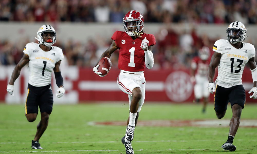 Jameson Williams (No. 1) runs an 81-yard catch for a touchdown in Alabama's game versus Southern Miss.