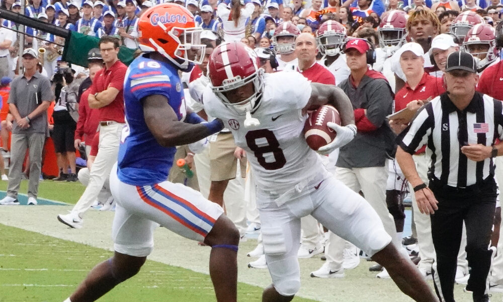 John Metchie gets tackled against Florida